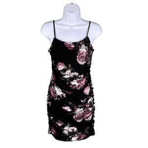 Black Foiled Pink Floral Ruched Mini Dress Bodycon Coquette Whimsigoth Womens S